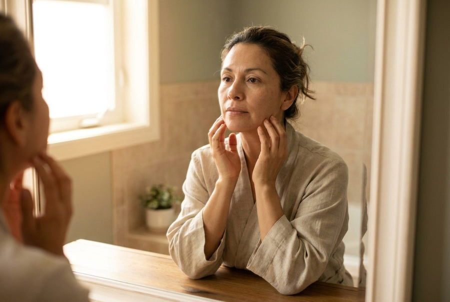 Mujer tocándose la mejilla frente al espejo, notando la piel más firme